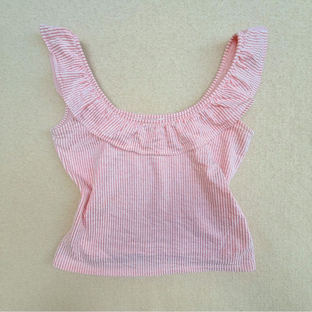 Boden Pink Red White Ruffled Off Shoulder Ribbed Top Blouse Seersucker Stripe 6 - Picture 1 of 9